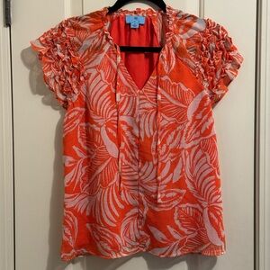 CeCe Coral and White Leaf Print Ruffle Sleeve Blouse
